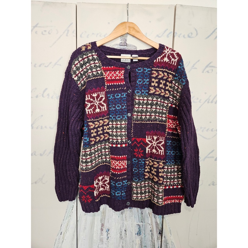 Villager Sport Cardigan 2 Purple Patchwork Silk Wool Fair Isle Snowflake Knit